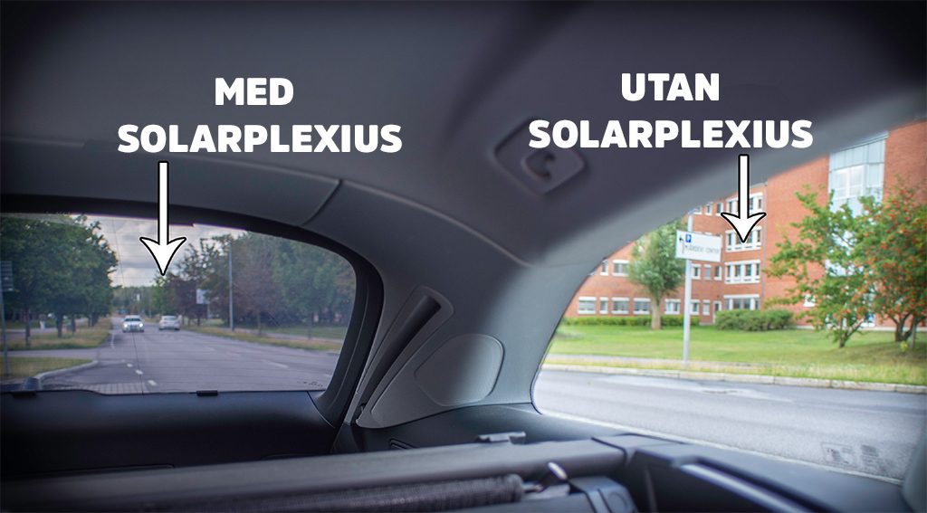 Tummentamaton ja Solarplexiuksella tummennettu auton ikkuna vierekkäin