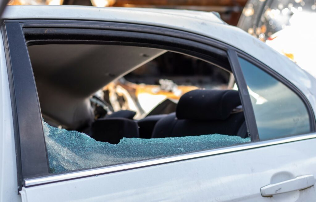 smashed glass of a car window