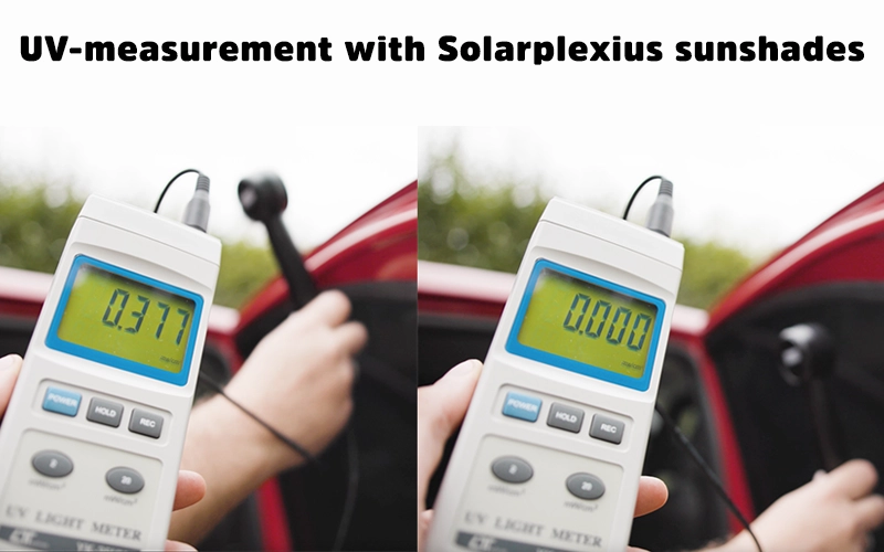 the UV light meter shows the UV radiation absorbed with and without car window tints 