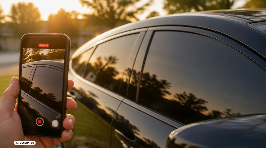 Customer filming their car window with a smartphone